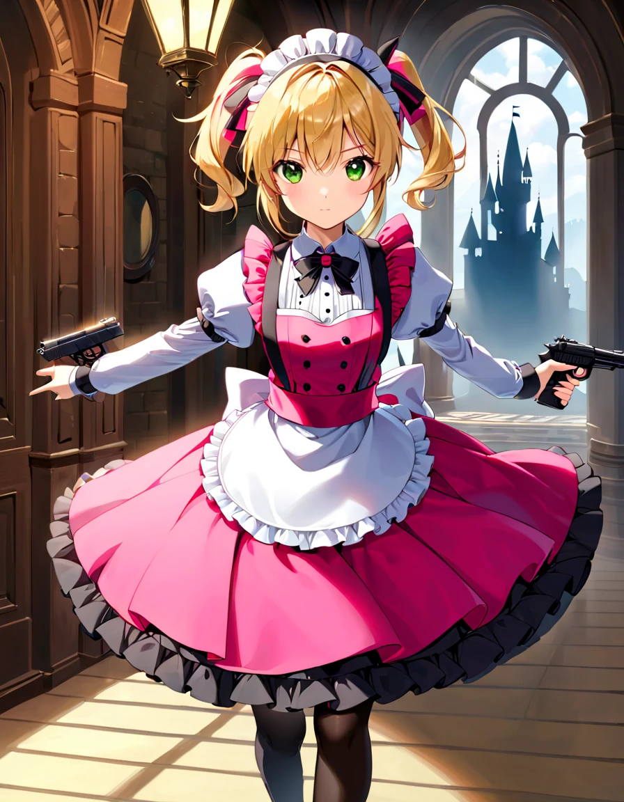 (best quality,4k,8k,highres,masterpiece:1.2),ultra-detailed, (1girl) A cute teenage gunslinger maid with green eyes, drawn in anime style, spiky light blonde hair in a long ponytail, victorian fashion, wearing a cute white maid dress with puffy sleeves, corset, tactical gear, light armour, petticoat, bloomers, black pantyhose, black tights, a frilly headband, a frilly pink apron, high-heel boots, ribbons, (lora:perfect hands:1m wielding a gun with one hand, Beretta 92FS), steampunk style, guarding a castle hallway, extremely detailed eyes and face,longeyelashes,volumetric lighting,cinematic lighting,protective posture,dramatic close up,highly detailed texture,intricate details.