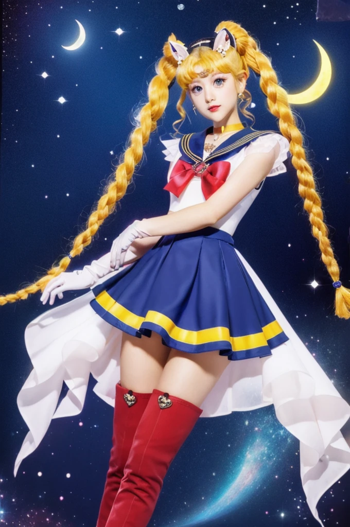 masterpiece, Highest quality, (1 Girl), Super Sailor Moon, Cowboy Lens, night sky, moonlight, night, White gloves, blue eyes, Galaxy Background, Colorful clothes, , Blue Skirt, hair ornaments, Red Bow, brooch, heart brooch, Earrings, Crescent Moon, heart necklace, heart, Very long hair, Crescent Moon moon Earrings, tiara, Yellow Necklace, boots, knee boots,  Red Shoes, Long legs