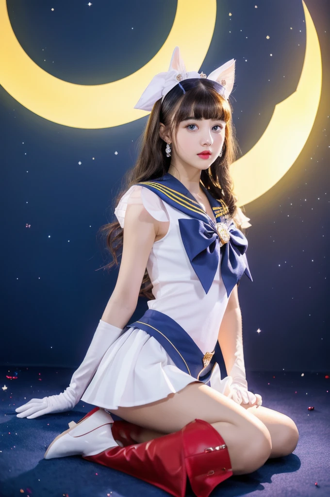 masterpiece, Highest quality, (1 Girl), Super Sailor Moon, Cowboy Lens, night sky, moonlight, night, White gloves, blue eyes, Galaxy Background, Colorful clothes, , Blue Skirt, hair ornaments, Red Bow, brooch, heart brooch, Earrings, Crescent Moon, heart necklace, heart, Very long hair, Crescent Moon moon Earrings, tiara, Yellow Necklace, boots, knee boots, Red Shoes, Long legs