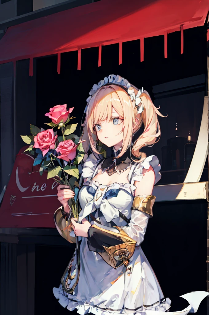 1 girl，rose，Upper body，pink long hair,high twin tail,((White Maid Costume)),blue eyes,Blunt bang,((whole body)),whole body,