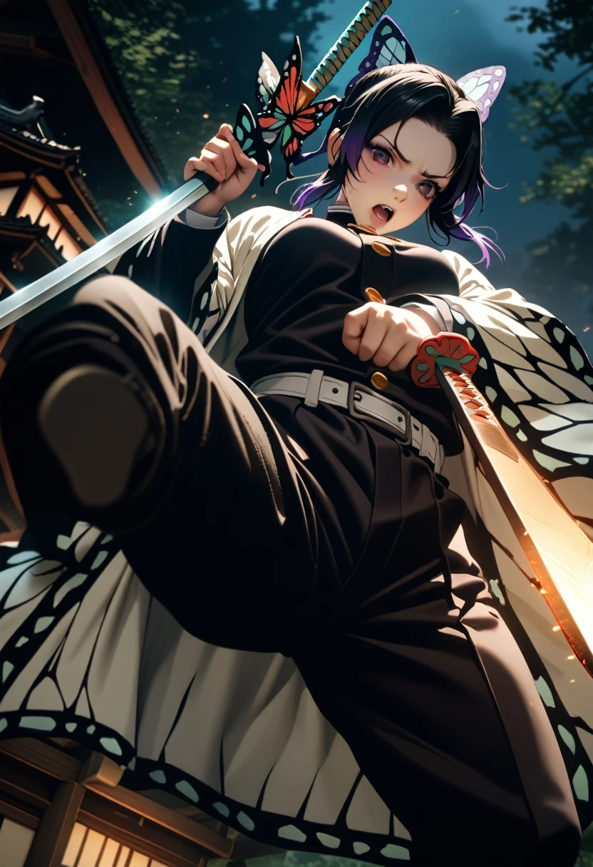 k0ch0ush1n0bu, shinobu kochou, animal print, black hair, butterfly, butterfly hair ornament, butterfly print, forehead, gradient hair, hair ornament, haori, multicolored hair, parted bangs, purple hair, short hair, two-tone hair,belt, black pants, butterfly print, coat, demon slayer uniform, haori, japanese clothes, pants, uniform,,1  japanese muscular girl,perfect hands,perfect anatomy, masterpiece, best quality,realistic, hyperrealistic, 16k hdr,medium breasts,outdoor,night,japanese old garden,(angry:0.8),red blush,dynamic pose,dynamic angle,(jump,kick,in the air:1.3),(from below,:1.2),(holding japanese sword,butterfly shaped sword guard:1.2) ,open jacket