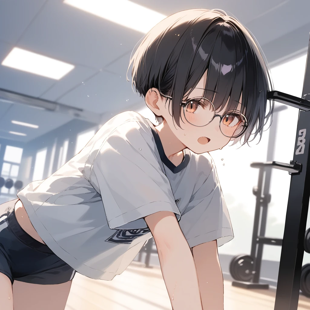 score_9, score_8_up, score_7_up, source_anime, best quality, masterpiece, official art, absurdres, highres, ultra-detailed,waifu2x,Collection: Slice of Life,break,1girl, very short hair,pixie cut, long bangs, glasses, uniform, small breasts, sweat, open mouth, (wavy mouth:0.3), indoors, gym, stretching, summer, break,(clear line illustration:1.2),very high resolution, very aesthetic, super detailed skin, Best sexual lighting powered by famous artist, 8k,cute picture,beauty illustration,photoshop_(medium),,(Detailed Lighting),best anime 8k konachan wallpaper, pixiv contest winner,