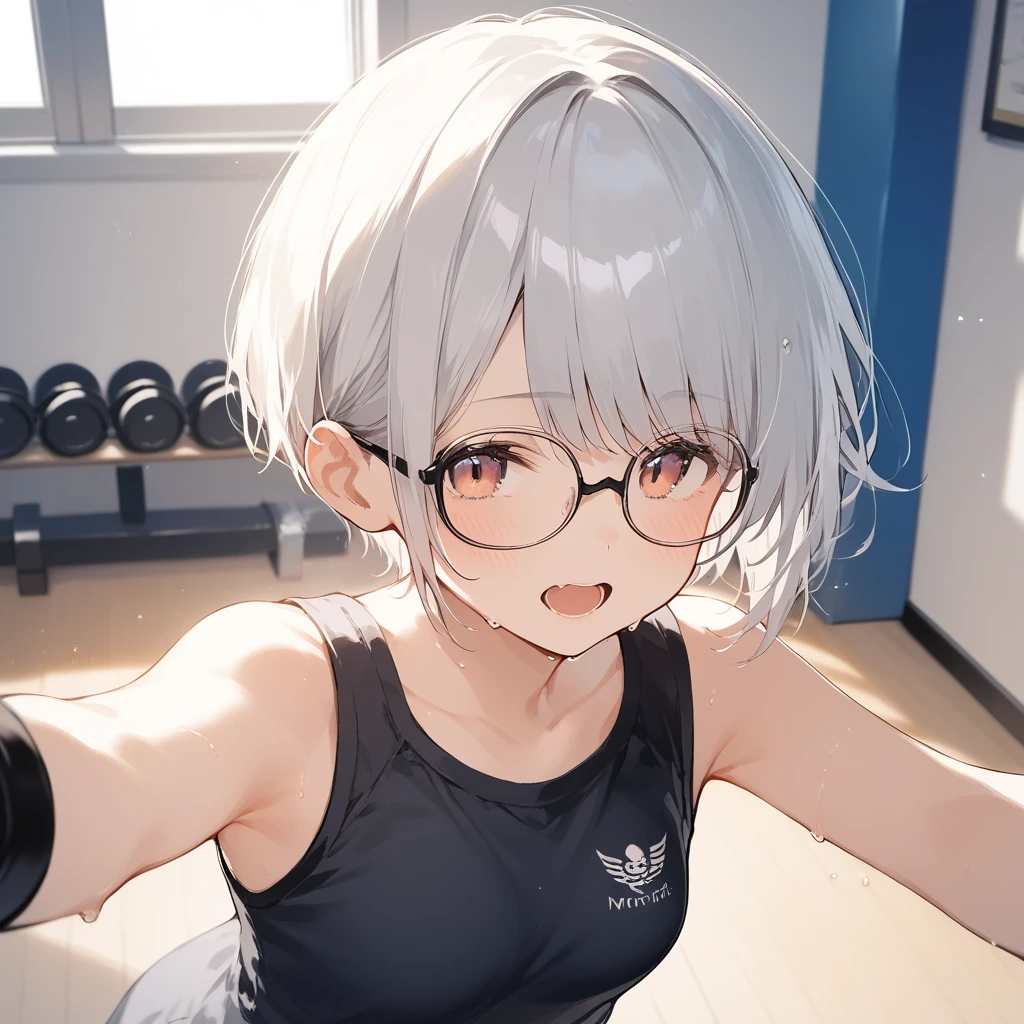 score_9, score_8_up, score_7_up, source_anime, best quality, masterpiece, official art, absurdres, highres, ultra-detailed,waifu2x,Collection: Slice of Life,break,1girl, very short hair,pixie cut, long bangs, glasses, uniform, small breasts, sweat, open mouth, (wavy mouth:0.3), indoors, gym, stretching, summer, break,(clear line illustration:1.2),very high resolution, very aesthetic, super detailed skin, Best sexual lighting powered by famous artist, 8k,cute picture,beauty illustration,photoshop_(medium),,(Detailed Lighting),best anime 8k konachan wallpaper, pixiv contest winner,