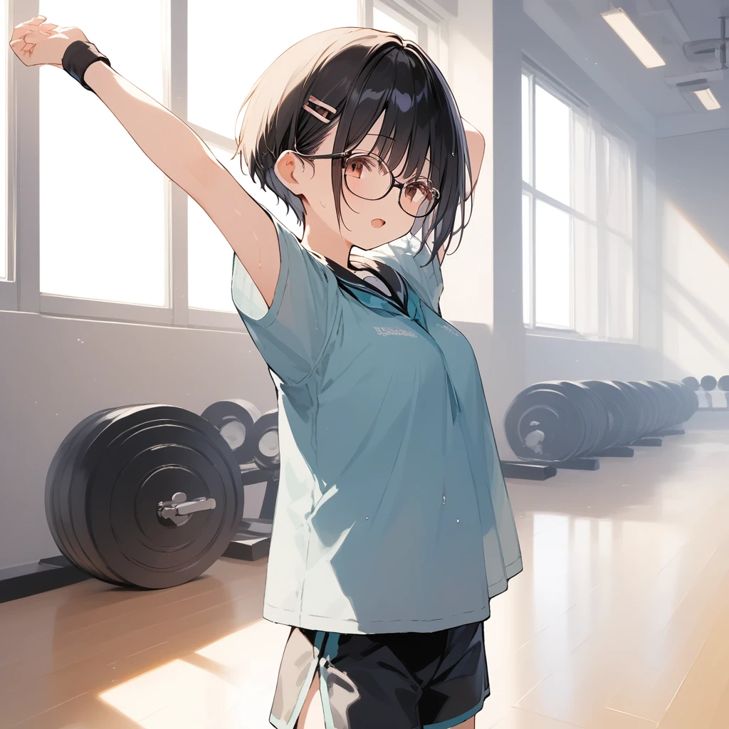 score_9, score_8_up, score_7_up, source_anime, best quality, masterpiece, official art, absurdres, highres, ultra-detailed,waifu2x,Collection: Slice of Life,break,1girl, very short hair,pixie cut, long bangs, glasses, uniform, small breasts, sweat, open mouth, (wavy mouth:0.3), indoors, gym, stretching, summer, break,(clear line illustration:1.2),very high resolution, very aesthetic, super detailed skin, Best sexual lighting powered by famous artist, 8k,cute picture,beauty illustration,photoshop_(medium),,(Detailed Lighting),best anime 8k konachan wallpaper, pixiv contest winner, 