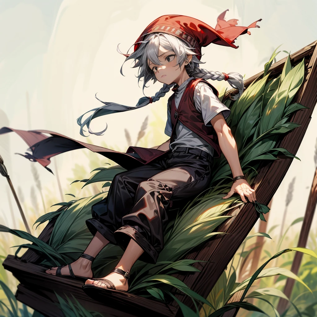 1little boy, Full body version, 1character, black eyes color, milk skin, long hairstyle, sad eyes type, silver colour hair, Farmer villager clothing style, red color clothing, black pants, white scraf, Ancient roman sandals, vest, green Beanie, Grassroots background in field villager, motion blur 