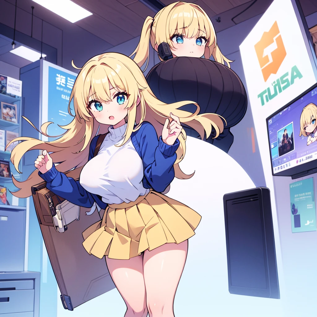 ((highres)), Masterpiece, high quality, best quality, beautiful, perfect lighting, detailed face, ultra cute face, ((2girls)), ((blush)), one girl has blonde hair, blue eyes, red shirt, black pants, work uniform, one girl has orange hair, green eyes, red shirt, black pants, work uniform ,tight clothes, super market, medium breasts, perky breasts, wide hips, standing next to each other,