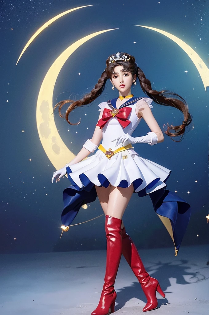 masterpiece, Highest quality, (1 Girl), Super Sailor Moon, Cowboy Lens, night sky, moonlight, night, White gloves, blue eyes, Galaxy Background, Colorful clothes, , Blue Skirt, hair ornaments, Red Bow, brooch, heart brooch, Earrings, Crescent Moon, heart necklace, heart, Very long hair, Crescent Moon moon Earrings, tiara, Yellow Necklace, boots, knee boots, Red Shoes, Long legs