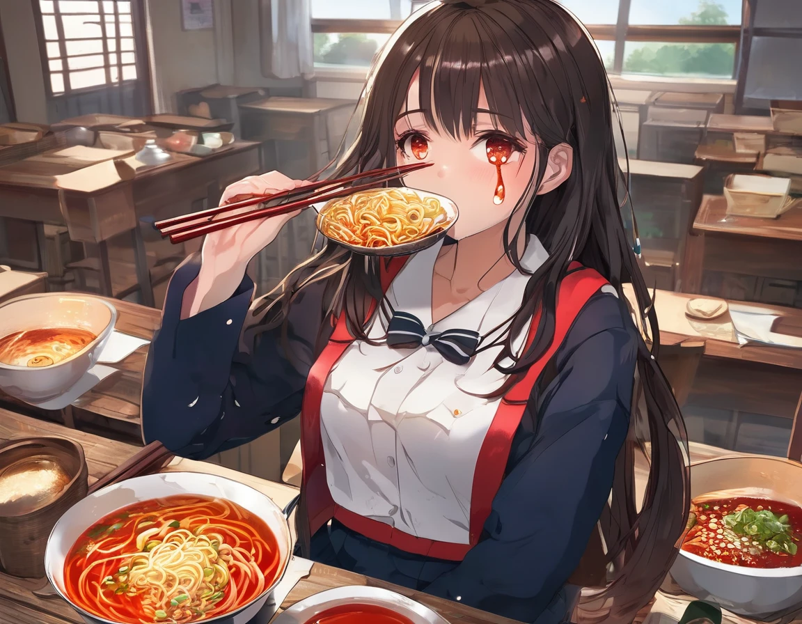 BREAK Perfect Anatomy、(High resolution:1.2)、Incredible illustrations、(Cute illustrations:1.2)、(Beautiful background) (a girl, 1.5meters, 40kg),,17-year-old,flat chest)(despair,tears:2.0)(school uniform,skirt) (blowing ramen out of her mouth)Female student eating red spicy ramen