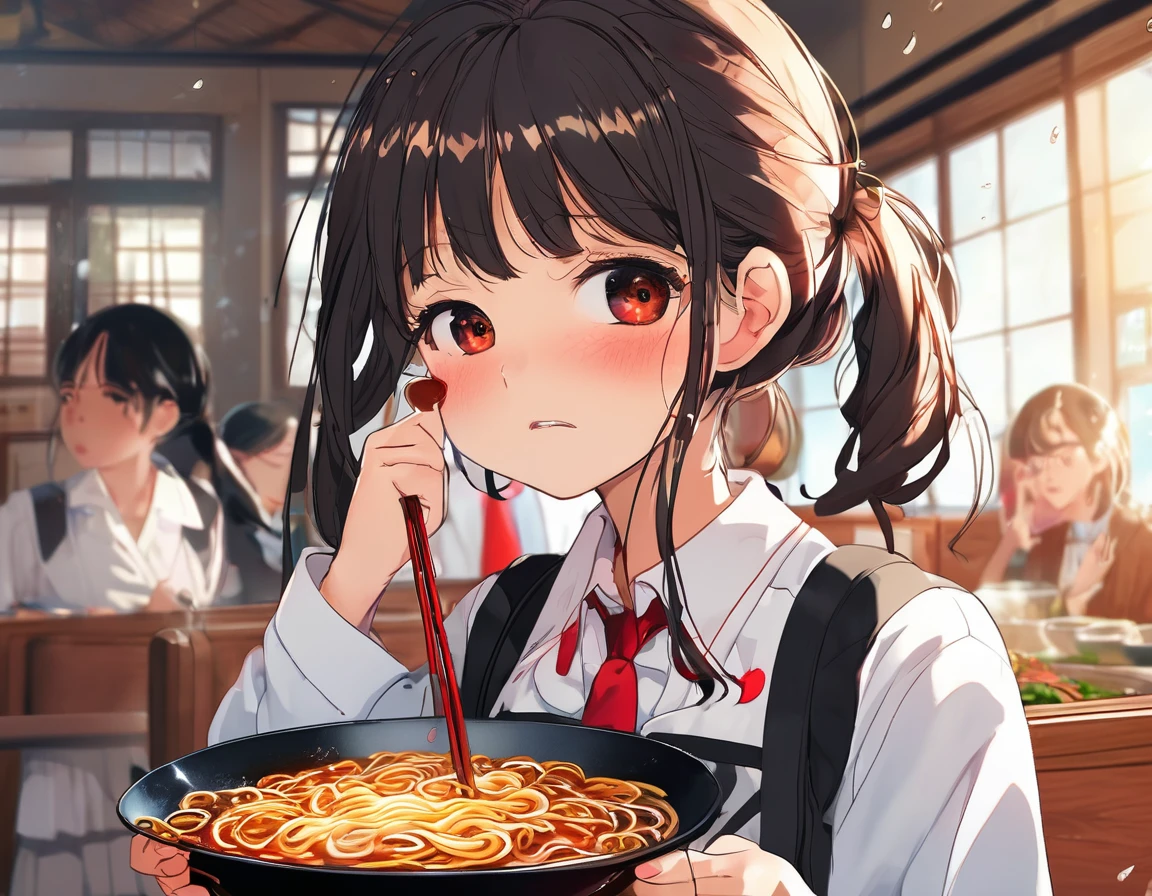 BREAK Perfect Anatomy、(High resolution:1.2)、Incredible illustrations、(Cute illustrations:1.2)、(Beautiful background) (a girl, 1.5meters, 40kg),,17-year-old,flat chest)(despair,tears:2.0)(school uniform,skirt) (blowing ramen out of her mouth)Female student eating red spicy ramen