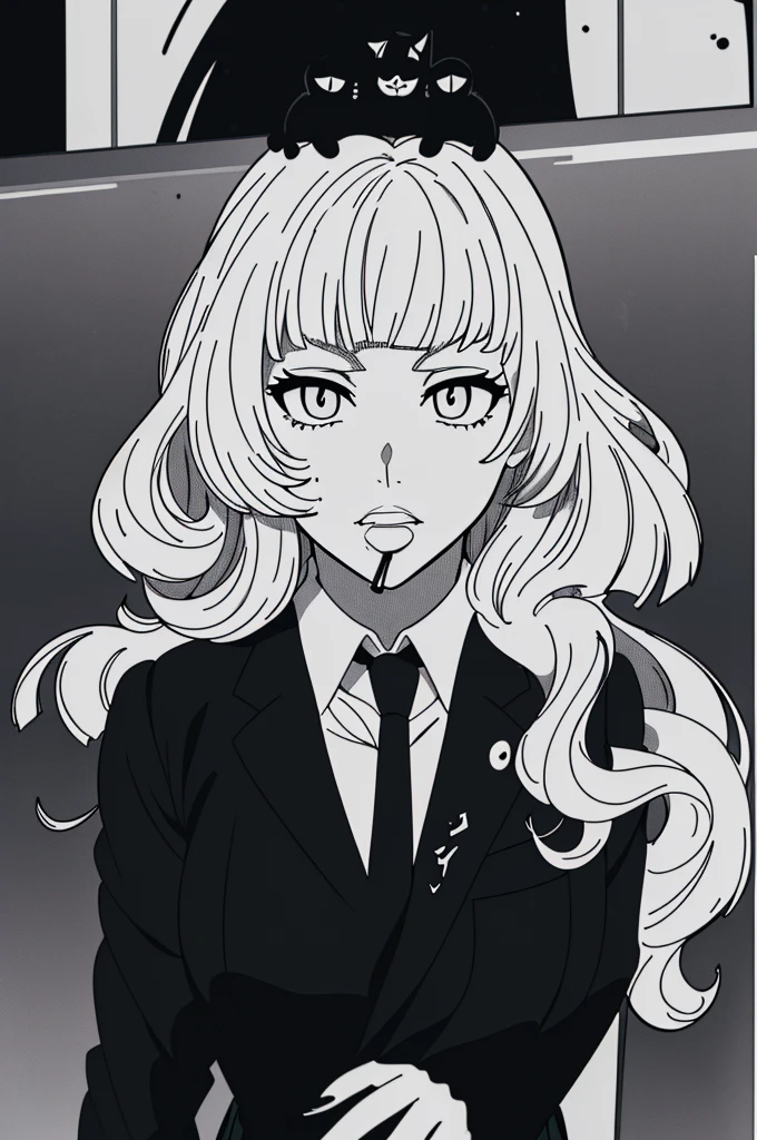 expensiveest quality、masterpiece、((彼女はWith black catです:1.3))、((1 Girl:1.3))、((Her eyes are single、Her eyes are fished out:1.5))、((Her mouth is big、White teeth stand out:1.5))、((Triangle opening))、(((She has her bangs down:1.8)))、(((Her bangs are straight:1.8)))、((Natural curl:1.3))、((Curly Hair))、((Gray Hair))、Detailed face、 (Comic style illustration:1.5), (Line art_anime),(Black and White:1.3),(Monotony_expensive Contrast:1.5),((high school girl,expensive 、tie、blazer、skirt:1.5))、Inside the school_Complex background,(With black cat:1.2).(G-Pen)