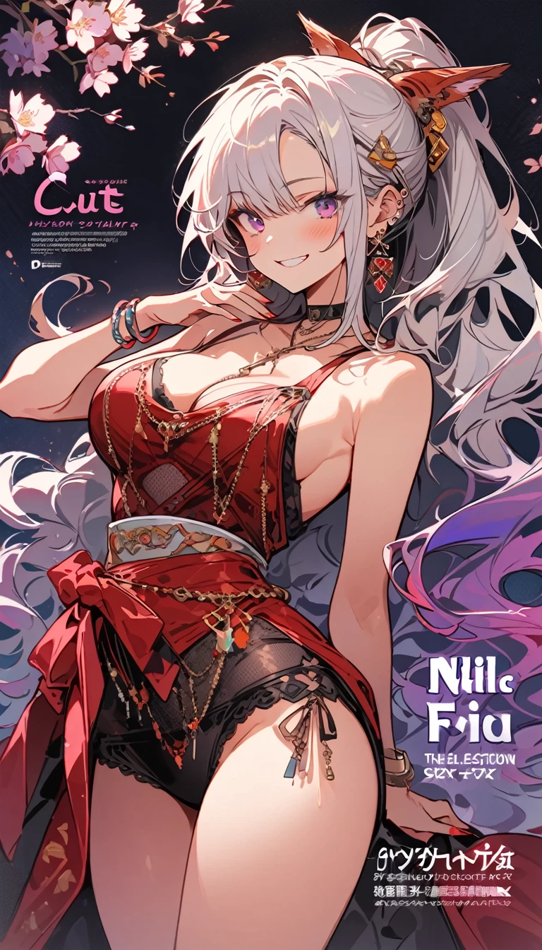 masterpiece, Highest quality, whole body, One girl, bangs, black choker, blush, bracelet, chest, choker, clothes The surrounding area waist, clavicle, Cowboy Shot, ear Earrings, Eyebrows visible through hair, Gradient Hair, Grin, fix, jewelry, Kogal, Long Hair, View Viewer, Earrings, Red eyes, ring, , smile, alone, street, null, cherry blossoms, petal,figure, (magazine:1.3), (cover-style:1.3), fashionable, woman, Vibrant, Pause, front, colorful, dynamic, background, element, have confidence, Performance, Holding, statement, accessories, Majestic, Coiled, The surrounding area, touch, scene, article, cover, bold, to attract attention, title, stylish, font, Catchy, Heading, big, impressive, Modern, trend, concentrated, fashion,((masterpiece)), Highest quality, Absurd, Super detailed, Holographic, Cowboy Shot, ダイナミックなPause, Golden Ratio, Very cute girl, Mature Girls, Very beautiful, Super beautiful asian girl with super beautiful purple eyes, Very beautiful white hair, Shiny skin, High Ponytail, nice and sexy body, Slim and delicate body, Perfect body, Cute Panties, Fox Headset, Get your picture taken in a cute alien spaceship,naked,Big Breasts,Sexy