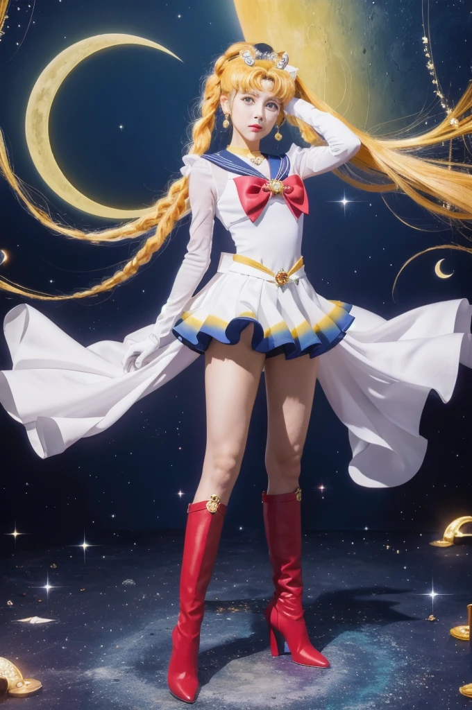 masterpiece, Highest quality, (1 Girl), Super Sailor Moon, Cowboy Lens, night sky, moonlight, night, White gloves, blue eyes, Galaxy Background, Colorful clothes, , Blue Skirt, hair ornaments, Red Bow, brooch, heart brooch, Earrings, Crescent Moon, heart necklace, heart, Very long hair, Crescent Moon moon Earrings, tiara, Yellow Necklace, boots, knee boots, Red Shoes, Long legs
