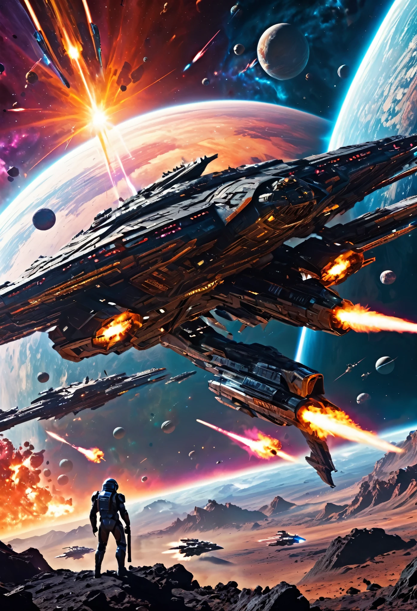 a war-torn futuristic space battlefield, epic intergalactic space war, highly detailed cinematic scene, massive spaceships engaging in battle, intense lighting and dramatic shadows, glowing neon energy weapons, sleek metallic armor and technology, expansive cosmic background with distant stars and nebulae, extreme photorealistic quality, breathtaking scale and scope, cinematic composition and dynamic framing, vibrant and vivid color palette