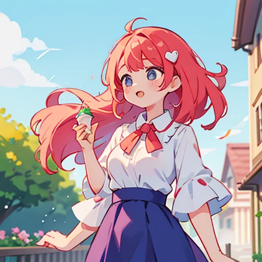 Highest quality, One girl, (Skin Hollow), (Large Breasts), (Day), bright, Background Blur, Outdoor, (street:0.6), (hair:1.5), (blouse:1.5), nice, (hair Float:1.5), Soft Light, Wind, garden, street　Eating soft serve ice cream