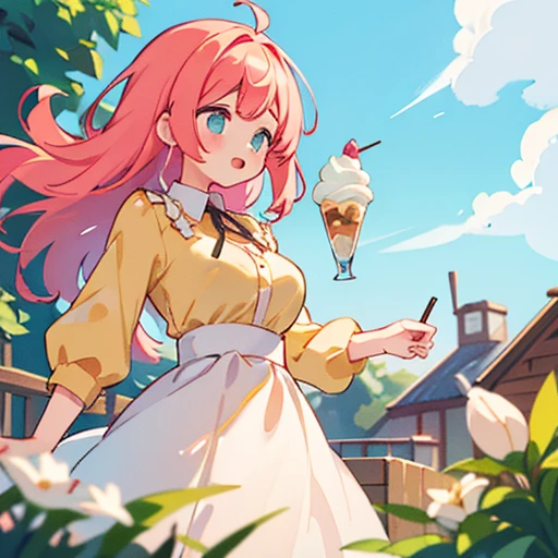 Highest quality, One girl, (Skin Hollow), (Large Breasts), (Day), bright, Background Blur, Outdoor, (street:0.6), (hair:1.5), (blouse:1.5), nice, (hair Float:1.5), Soft Light, Wind, garden, street Eating soft serve ice cream