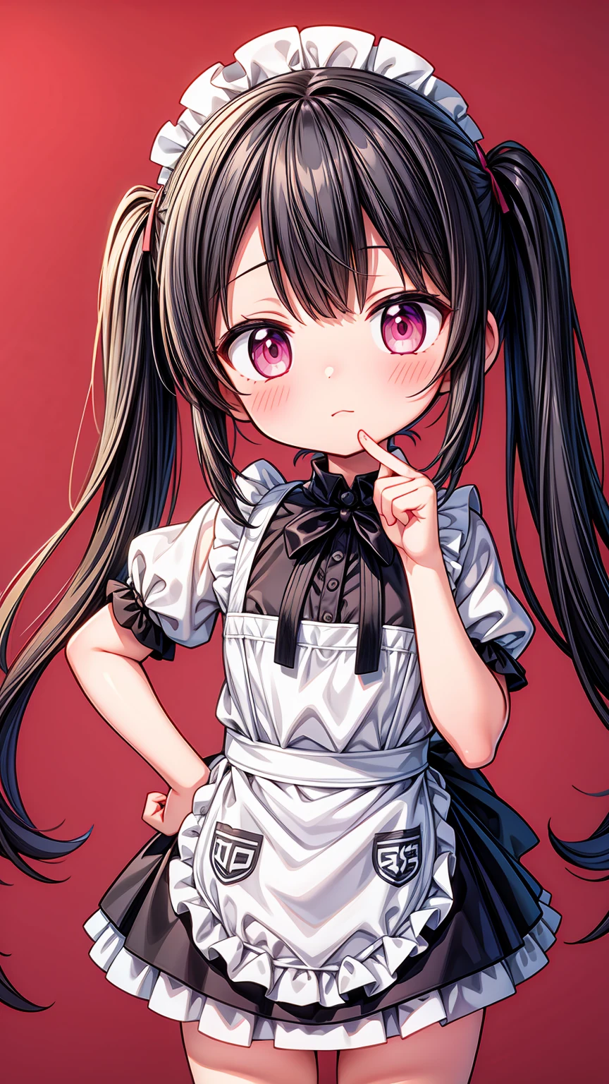 (8K, Highest image quality, highest quality, masterpiece), detailed face, ((li)), ((girl)), (little  curve), black hair, short twintails, pink eyes, ((very small bust)), (flat bust), (naked apron), cowboy shot, put your hand on your mouth, kitchen background, ((very blushing)), ((detailed hands and fingers)), viewer perspective from below, (blush)