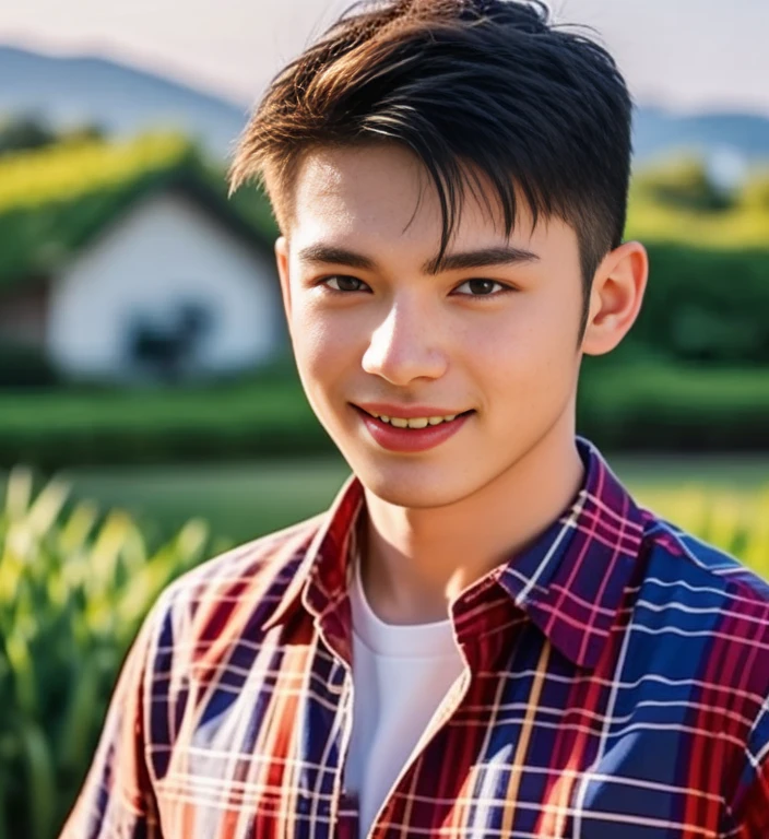 Haraf man looking at camera, perfect has a round face, A well-maintained model., Close-up photo, Southeast Asian man with a round face, 3-D profile picture, 8K, 45,000,000 pixcls, realistic light colors, beautiful young asian man, Asian man, charming anime, Comfortable pose, Anime Asian man in real life, attractive handsome man, young Asian man, Russian mixed with Japanese, perfect body, Freestyle photo of a handsome young man, ผู้Asian manที่สวยงาม, The character is in her natural pose.,