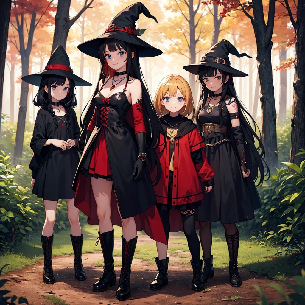 a group of beautiful witch girls in the middle of a forest in the night, tribal tattoo , red and black hair , standing girl young girl, gloves, elbow pads, boots, smiles, witch hat , small breasts, short black dress, necklaces, jewelry decorations , black red hair , red hair , black hair , blonde hair, blue eyes, full body,