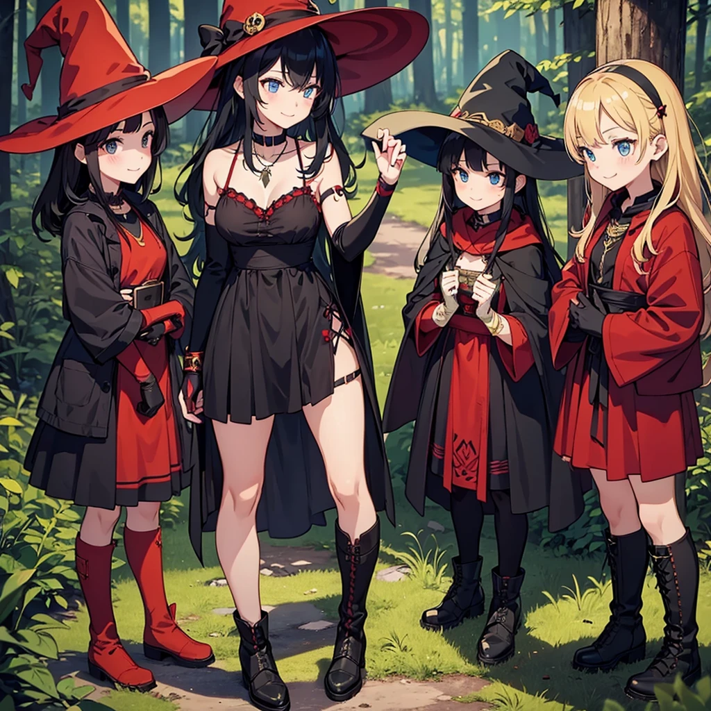 a group of beautiful witch girls in the middle of a forest in the night, tribal tattoo , red and black hair , standing girl young girl, gloves, elbow pads, boots, smiles, witch hat , small breasts, short black dress, necklaces, jewelry decorations , black red hair , red hair , black hair , blonde hair, blue eyes, full body,