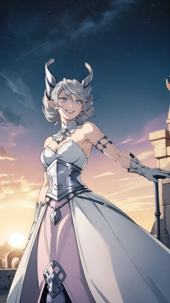 Beautiful arts wallpaper Sunset Outside castle top High level image quality best image quality 8K adult woman silver castle outside more colors whole body view portrait horn ears short hair((shortcut)(gray hair)(perm)(fluffy)) eye color is blue , , attractive evil face , smile , heroic stance , labrynth , barearm ,gloves , wearing pink , standing ,