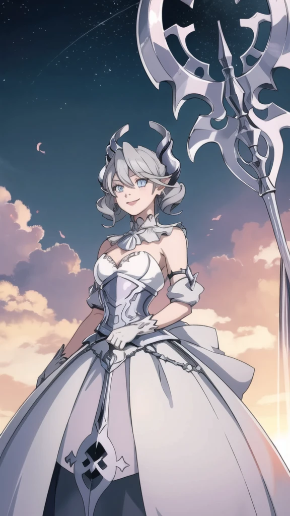 Beautiful arts wallpaper Sunset Outside castle top High level image quality best image quality 8K adult woman silver castle outside more colors whole body view portrait horn ears short hair((shortcut)(gray hair)(perm)(fluffy)) eye color is blue , , attractive evil face , smile , heroic stance , labrynth , barearm ,gloves , wearing pink , standing ,
