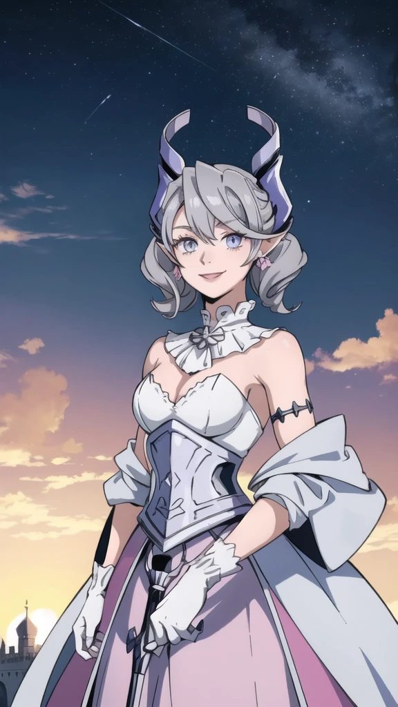 Beautiful arts wallpaper Sunset Outside castle top  High level image quality　best image quality　8K　 adult woman   silver castle outside  more colors   whole body view　portrait　    　horn    ears  　short hair（（shortcut）（gray hair）（perm）（fluffy））　eye color is blue ,  , 　attractive evil face , smile   ,  heroic stance   ,  labrynth ,  barearm  ,gloves   , wearing pink   , standing , 