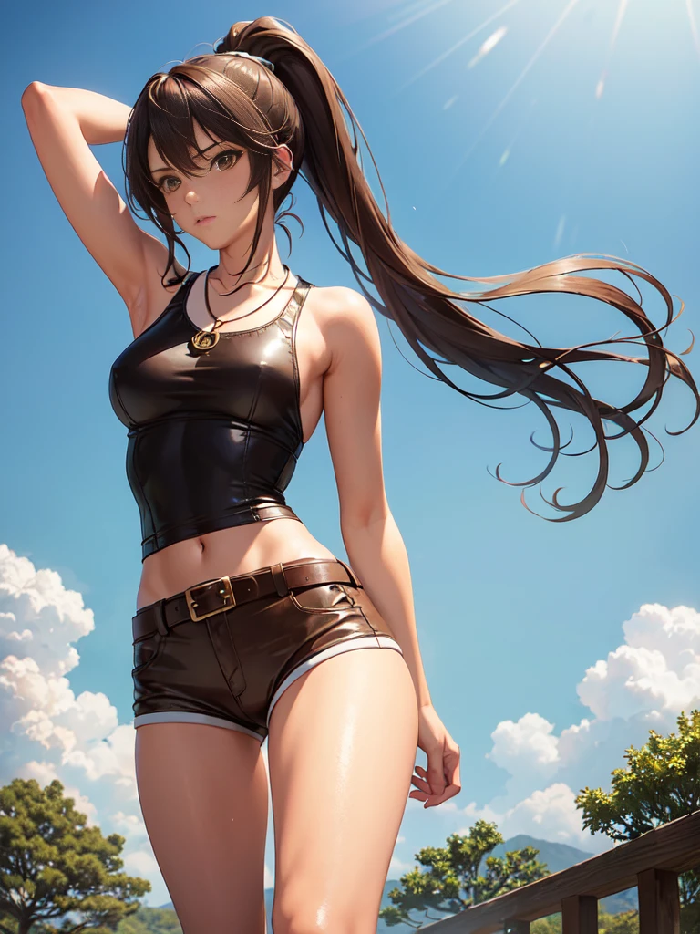 ((A girl , perfect body)), anime, -yeld giwith dark brown hair in a high ponytail, light brown eyes, and light, tanned skin. He wears a white shirt with a brown vest, brown shorts, and knee-high leather boots. He wears a leather belt with a dagger on his hip and a necklace with a green stone amulet. He is standing in a green field with a sword in his hand and a determined look on his face.,(all realistic intricate details)