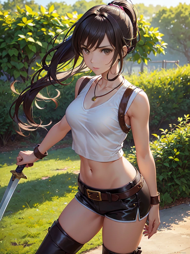 ((A girl , perfect body)), anime, 16-year-old girl with dark brown hair in a high ponytail, light brown eyes, and light, tanned skin. He wears a white shirt with a brown vest, brown shorts, and knee-high leather boots. He wears a leather belt with a dagger on his hip and a necklace with a green stone amulet, wide neckline. He is standing in a green field with a sword in his hand and a determined look on his face.,(all realistic intricate details)