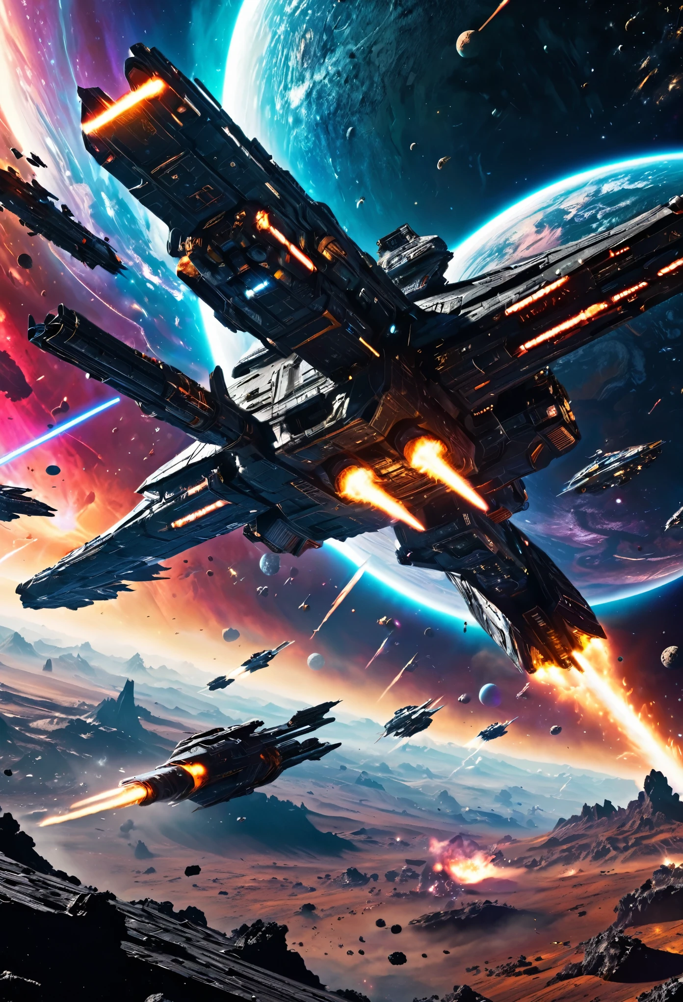 a war-torn futuristic space battlefield, epic intergalactic space war, highly detailed cinematic scene, massive spaceships engaging in battle, intense lighting and dramatic shadows, glowing neon energy weapons, sleek metallic armor and technology, expansive cosmic background with distant stars and nebulae, extreme photorealistic quality, breathtaking scale and scope, cinematic composition and dynamic framing, vibrant and vivid color palette