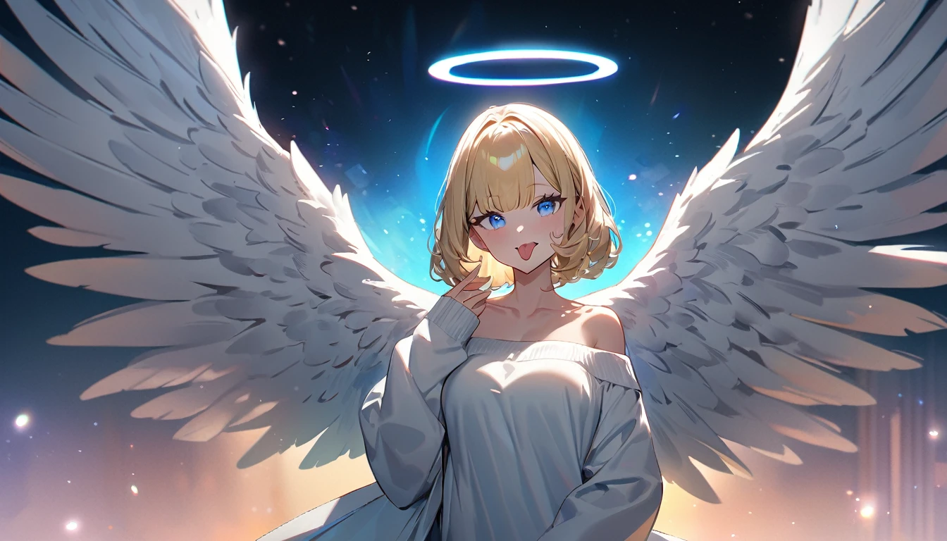 (((One girl))), ((sunglasses, hand to sunglasses)), ((angel, big big white wings:1.2, halo:1.3)), Uriel, ((wavy hair, outward curled hair)), evening, Sunset, open mouth, ((stick out tongue)), ((blond hair, bob cut:1.3)), , teenager, (at viewer), oversized clothes, puffy long sleeves,larbone, ((off-shoulder sweater dress:1.3, Quite thick shoulder straps)), (((sleeves past wrists:1.3))), ((white sweater)), collarbone, head tilt:1.3, (((blue eye))), ((happy smile)), (((anime style))), (best quality, 4K, 8K, highres, masterpiece:1.2, ultra-detailed, ultra-detailed eyes, HDR, uhd, studio lighting, ultra-fine painting, sharp focus, physically-based rendering, extreme detail description, professional, vivid colors, bokeh), ((Highest quality, Best image quality, Ultra-high resolution, Ultra-high resolution, solo, Strong eye highlights)), Depth of written boundary, Natural soft light, attractive, Beautiful Face, Cleanliness, Pure Face, medium chest, Beautiful Face, Perfect Fingers, Perfect hands, Perfect body, Perfect Face, Shine a light into your eyes, Perfect Anatomy