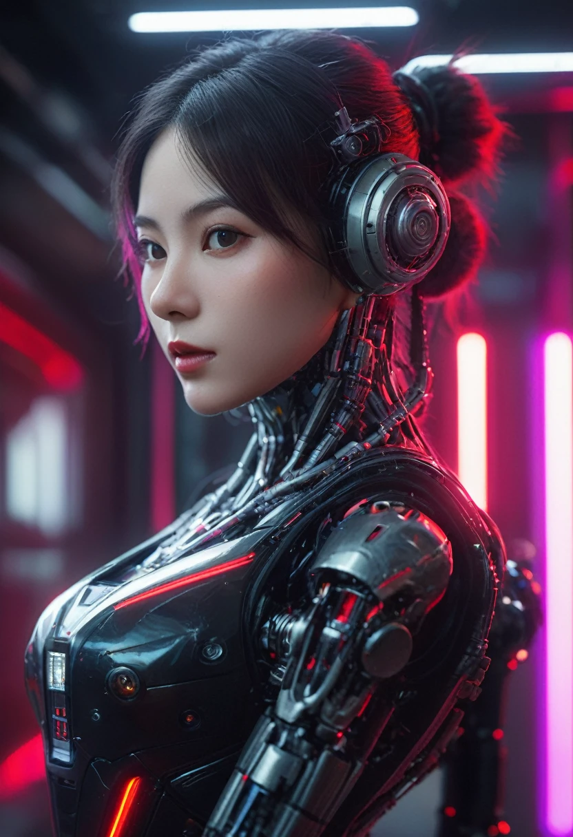 xxmixgirl. Highly detailed professional 35mm film, bokeh, face in sharp focus. A robotic female, Miku, with ((metal skin)), ((perfect Asian eyes)) with magenta irises and ((black pupils)), beautiful serious (detailed face), 18 year old ((photorealistic face)), very long magenta twin tails of magenta hair, twin black hair ties with a single red stripe. She may have a black audio headpiece. We can see her ((full body)) down to her boot soles. Her outfit is a sleeveless collared light grey shirt, outlined in red around the frilled collar and hems. Shiny reflective ((metallic breast cups, dimpleless)), invisible nipples. She wears black sleeves with red hems that start around her upper arm and bellow out as the sleeves open and extend to her wrists, with wide trumpet red rimmed cuffs. She has perfect robotic (detailed hands). She wears a red colored tie with two horizontal solid parallel black lines halfway across. She wears a fabric black skirt with a horizontal red hem at the bottom all the way around; her (((black skirt wraps around her))) and ((her skirt completely covers)) her robotic waist and thighs. Tall black boots with red bottom soles, a red rim around the top at her thighs. Her mechanical shoulder joints are visible. We can see her robotic legs and robotic neck. Half of her is covered with shiny polished machinery. The background is a distant dark neon futuristic Japanese city, gold, cyan, violet neon, near harbor or mountains.