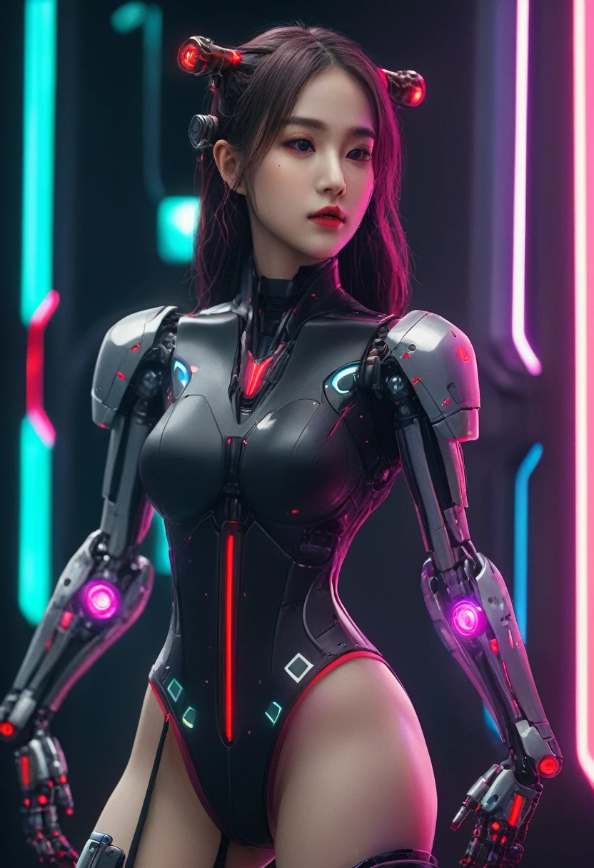 xxmixgirl. Highly detailed professional 35mm film, bokeh, face in sharp focus. A robotic female, Miku, with ((metal skin)), ((perfect Asian eyes)) with magenta irises and ((black pupils)), beautiful serious (detailed face), 18 year old ((photorealistic face)), very long magenta twin tails of magenta hair, twin black hair ties with a single red stripe. She may have a black audio headpiece. We can see her ((full body)) down to her boot soles. Her outfit is a sleeveless collared light grey shirt, outlined in red around the frilled collar and hems. Shiny reflective ((metallic breast cups, dimpleless)), invisible nipples. She wears black sleeves with red hems that start around her upper arm and bellow out as the sleeves open and extend to her wrists, with wide trumpet red rimmed cuffs. She has perfect robotic (detailed hands). She wears a red colored tie with two horizontal solid parallel black lines halfway across. She wears a fabric black skirt with a horizontal red hem at the bottom all the way around; her (((black skirt wraps around her))) and ((her skirt completely covers)) her robotic waist and thighs. Tall black boots with red bottom soles, a red rim around the top at her thighs. Her mechanical shoulder joints are visible. We can see her robotic legs and robotic neck. Half of her is covered with shiny polished machinery. The background is a distant dark neon futuristic Japanese city, gold, cyan, violet neon, near harbor or mountains.