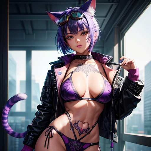 Cute girl with purple and blue hair, Striped Hair, Short Hairstyles, Wearing goggles and a leather jacket, Colorful Tattoos, Detailed accessories, ([Cat tail and ears]:1.3), (Intricate details), High resolution, (Intricate details, Ultra-detailed:1.2), Cinematic shots, Vignette, Centered
