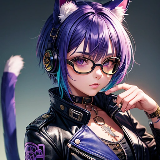 Cute girl with purple and blue hair, Striped Hair, Short Hairstyles, Wearing goggles and a leather jacket, Colorful Tattoos, Detailed accessories, ([Cat tail and ears]:1.3), (Intricate details), High resolution, (Intricate details, Ultra-detailed:1.2), Cinematic shots, Vignette, Centered