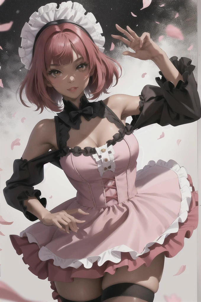 absurdres, best quality, 1girl, solo, looking at viewer, eye focus,  LucoaDM, CasualCL, pink lolita dress,straight red hair,straight bangs,lolita bonnet,petals,brown skin,african american,dark skin,black skin