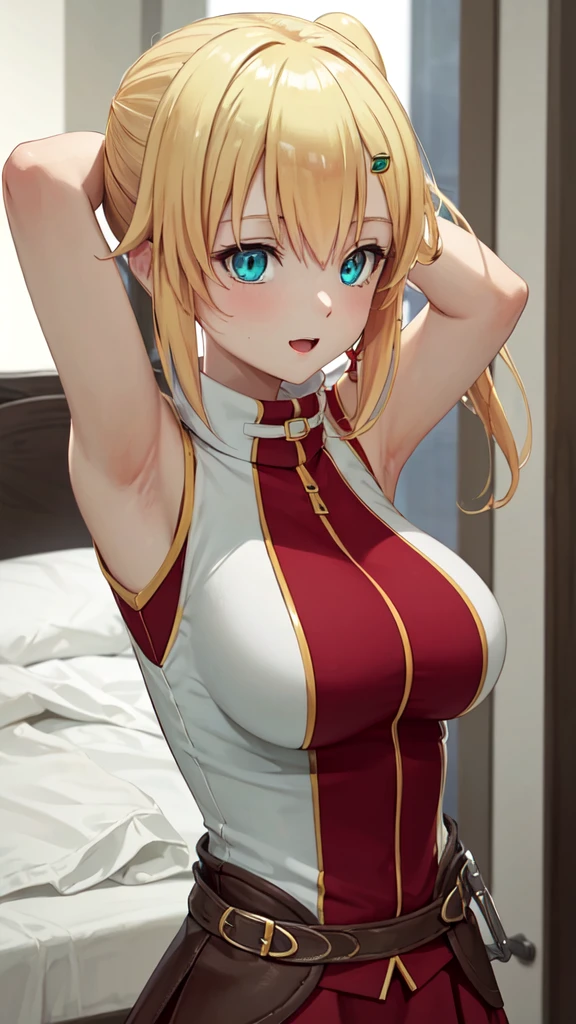 indoors, medieval, anime coloring, from side,
BREAK 1gir, solo, emma, emma_brightness, emma_\(ore_dake_haireru_kakushi_dungeon\), aqua eyes, blonde hair, short hair, sidelocks, hair between eyes, swept bangs, hair ornament, shiny hair, side ponytail, large breasts,
BREAK belt, fingerless gloves, gloves, brown gloves, skirt, pleated skirt, red skirt, two-tone shirt, white shirt, sleeveless, sleeveless shirt, black legwear, breasts, armpits, (steam:1.2), sweat, taut shirt,
BREAK looking_at_viewer, arms up, arms behind head, upper body,
BREAK smile, :o,
BREAK (masterpiece:1.2), (beautiful detailed eyes:1.2), perfect lighting, (perfect hands, perfect anatomy)