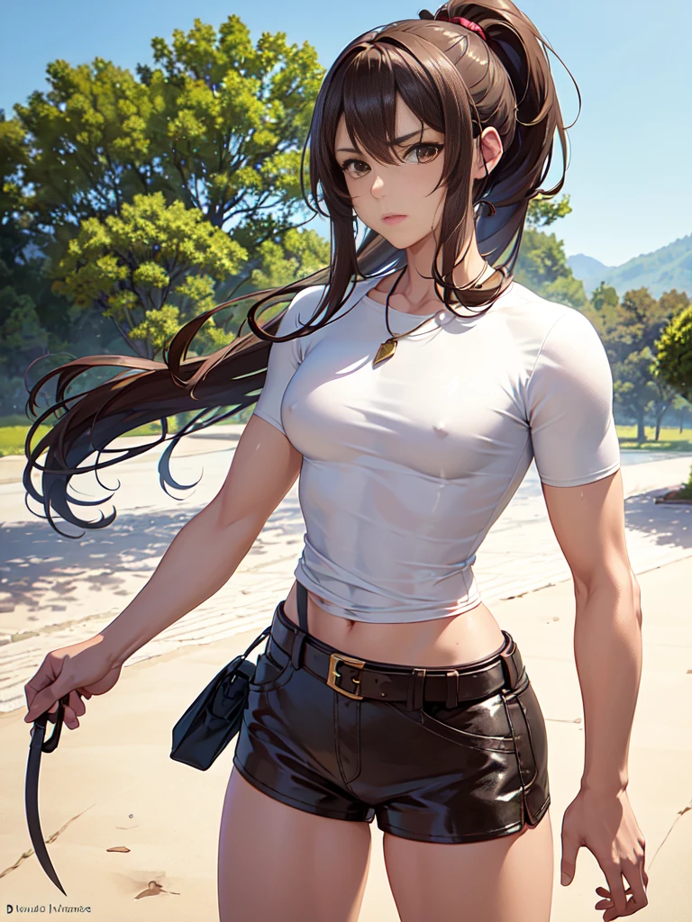((A girl , perfect body)), anime, -yeld giwith dark brown hair in a high ponytail, light brown eyes, and light, tanned skin. He wears a white shirt with a brown vest, brown shorts, and knee-high leather boots. He wears a leather belt with a dagger on his hip and a necklace with a green stone amulet. He is standing in a green field with a sword in his hand and a determined look on his face.,(all realistic intricate details)