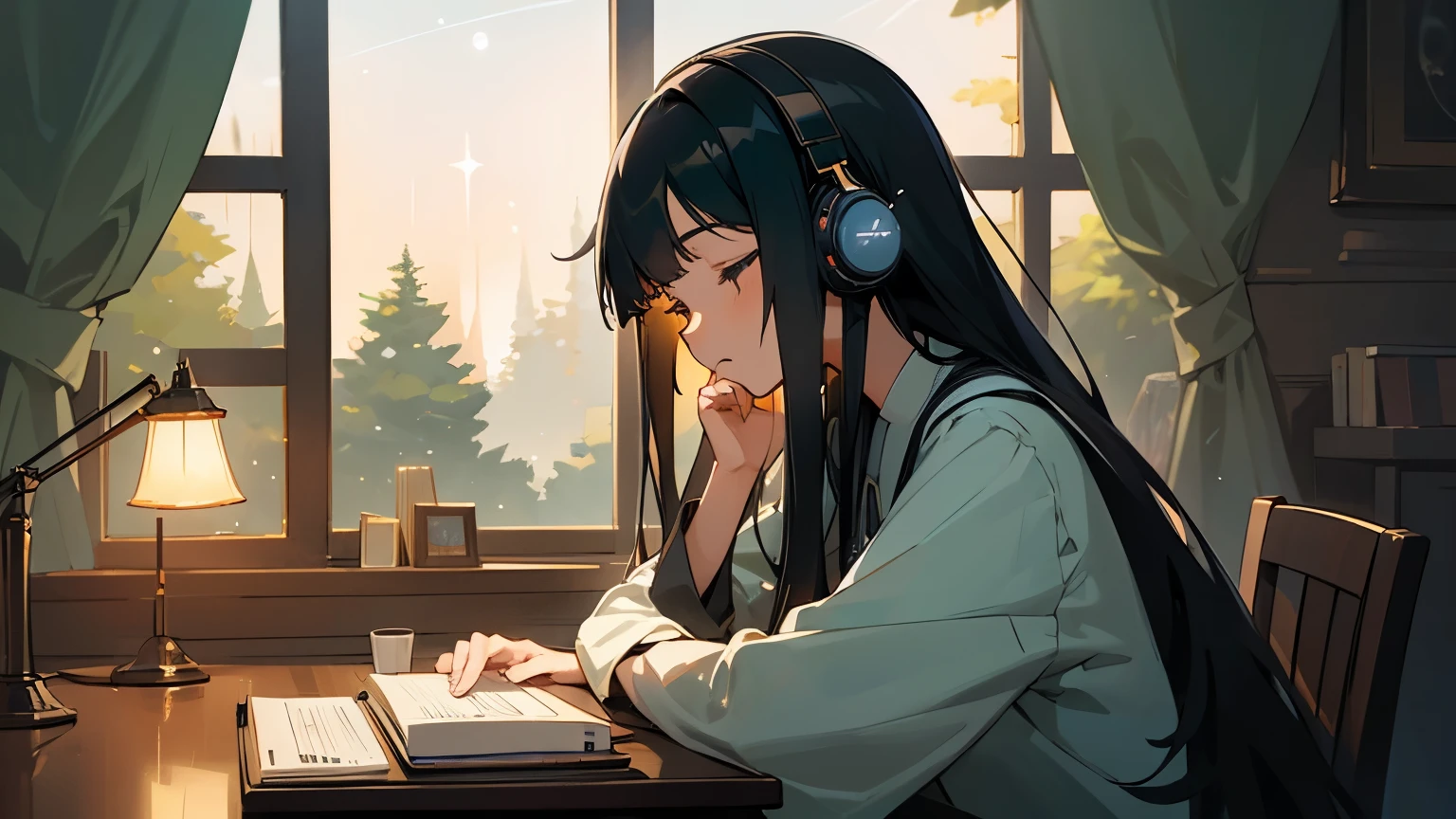 A serene and tranquil anime-style scene depicting a young woman with long black hair seated at her desk, illuminated by the soft glow of a nearby lamp. She is immersed in her work, wearing headphones and concentrating intently on her notebook. A sleeping, cuddly cat lies by her side, adding an endearing touch to the scene. Through the window, a breathtakingly detailed starry sky is visible, with stars twinkling and the silhouette of trees framing the view. The overall atmosphere of the image is calming and peaceful.