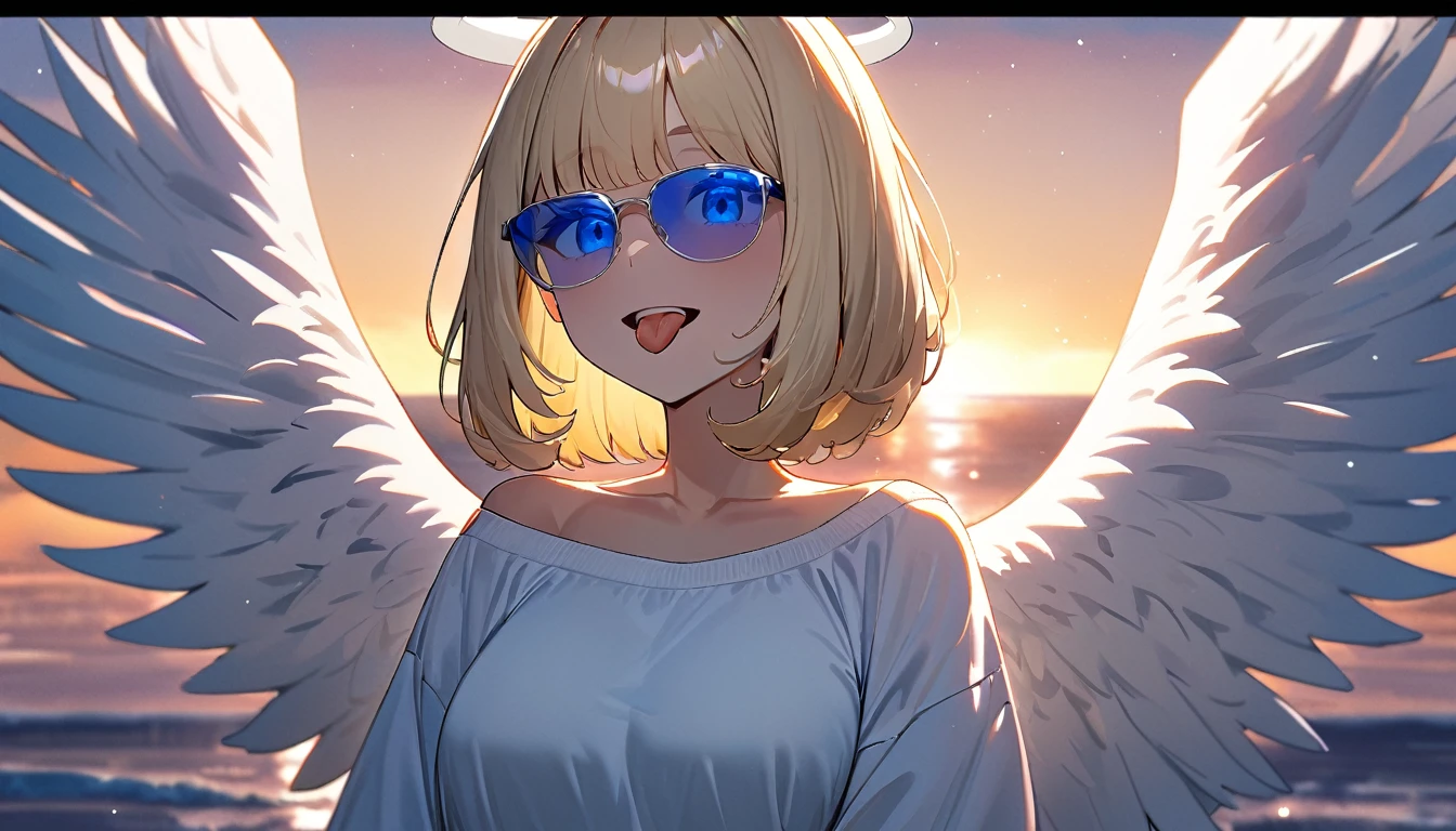 (((One girl))), ((tanned skin)), ((sunglasses, hand to sunglasses)), ((angel, big big white wings:1.2, halo:1.3)), open mouth, ((stick out tongue)), ((wavy hair)), evening, Sunset, sea, beach, ((blond hair, bob cut:1.3)), big breasts, teenager, (looking at viewer), oversized clothes, puffy long sleeves, collarbone, ((off-shoulder sweater dress:1.3, Quite thick shoulder straps)), (((sleeves past wrists:1.3))), ((white sweater)), collarbone, head tilt:1.3, (((blue eye))), ((happy smile)), (((anime style))), (best quality, 4K, 8K, highres, masterpiece:1.2, ultra-detailed, ultra-detailed eyes, HDR, uhd, studio lighting, ultra-fine painting, sharp focus, physically-based rendering, extreme detail description, professional, vivid colors, bokeh), ((Highest quality, Best image quality, Ultra-high resolution, Ultra-high resolution, solo, Strong eye highlights)), Depth of written boundary, Natural soft light, attractive, Beautiful Face, Cleanliness, Pure Face, medium chest, Beautiful Face, Perfect Fingers, Perfect hands, Perfect body, Perfect Face, Shine a light into your eyes, Perfect Anatomy