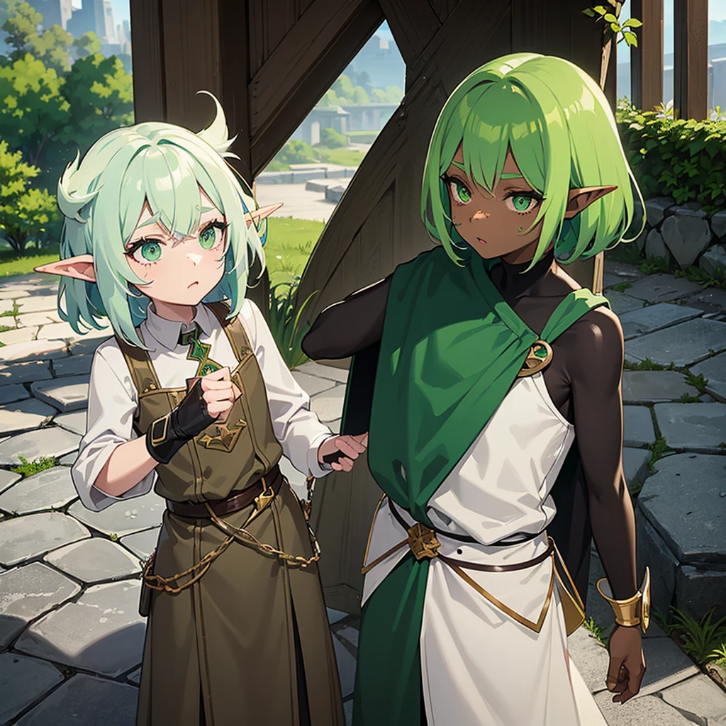 Cute young dark elf girl with ashen skin color , light green hair and dark green eyes. Has freckles on his face, not tall, carries a small shield in his right hand. Is an excellent doctor, understand poisons and medicines. 