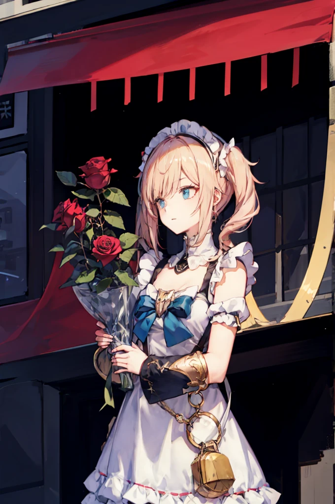 1 girl,rose,Upper body,pink long hair,high twin tail,((White Maid Costume)),blue eyes,Blunt bang,((whole body)),whole body,