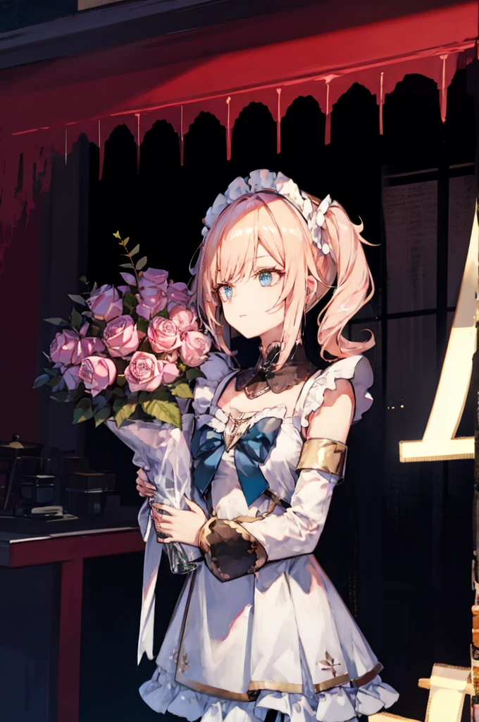 1 girl,rose,Upper body,pink long hair,high twin tail,((White Maid Costume)),blue eyes,Blunt bang,((whole body)),whole body,