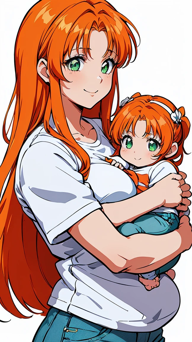 (anime coloring,masterpiece, best quality, absurdres, perfect antomy:1.2), 1woman,1baby,(holding :1.5),1woman,2little girls,1baby,portrait、perfect quality, good quality, masterpiece, HDR, uhd,(fukawa_Miku, green eyes, orange hair, long hair,hair down,aged up,mature female:1.4),gigantic breasts,house,、(Casual wear、shirt、Jeans I:1.4)、sunny day、smile,(cowboy shot)