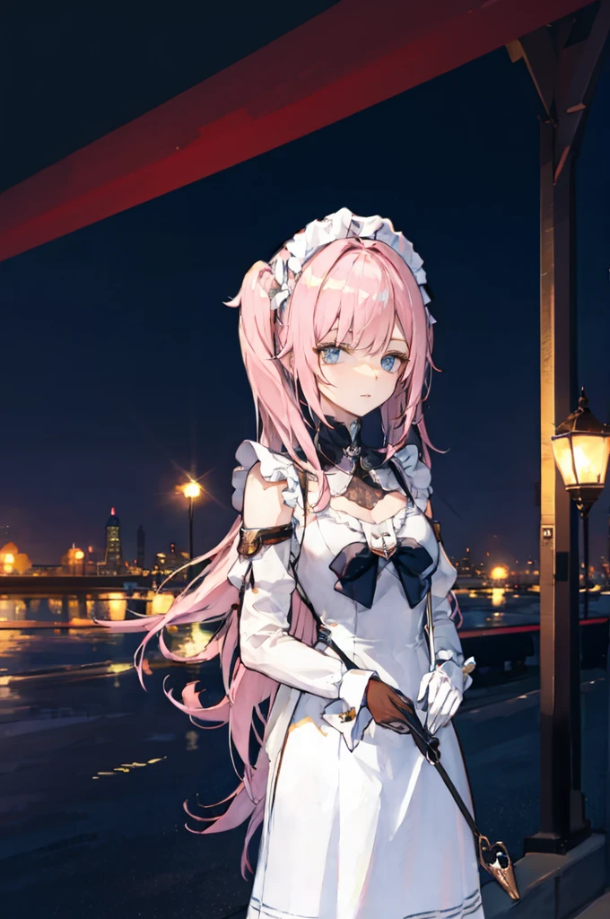1 girl,rose,Upper body,pink long hair,high twin tail,((White Maid Costume)),blue eyes,Blunt bang,((whole body)),whole body,