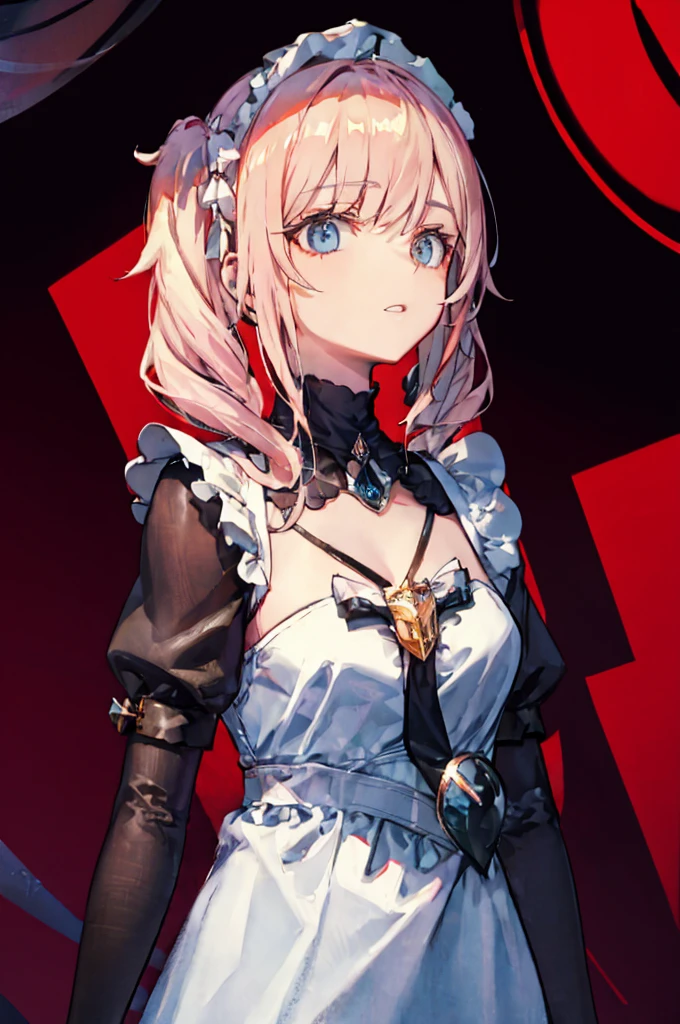 1 girl,rose,Upper body,pink long hair,high twin tail,((White Maid Costume)),blue eyes,Blunt bang,((whole body)),whole body,