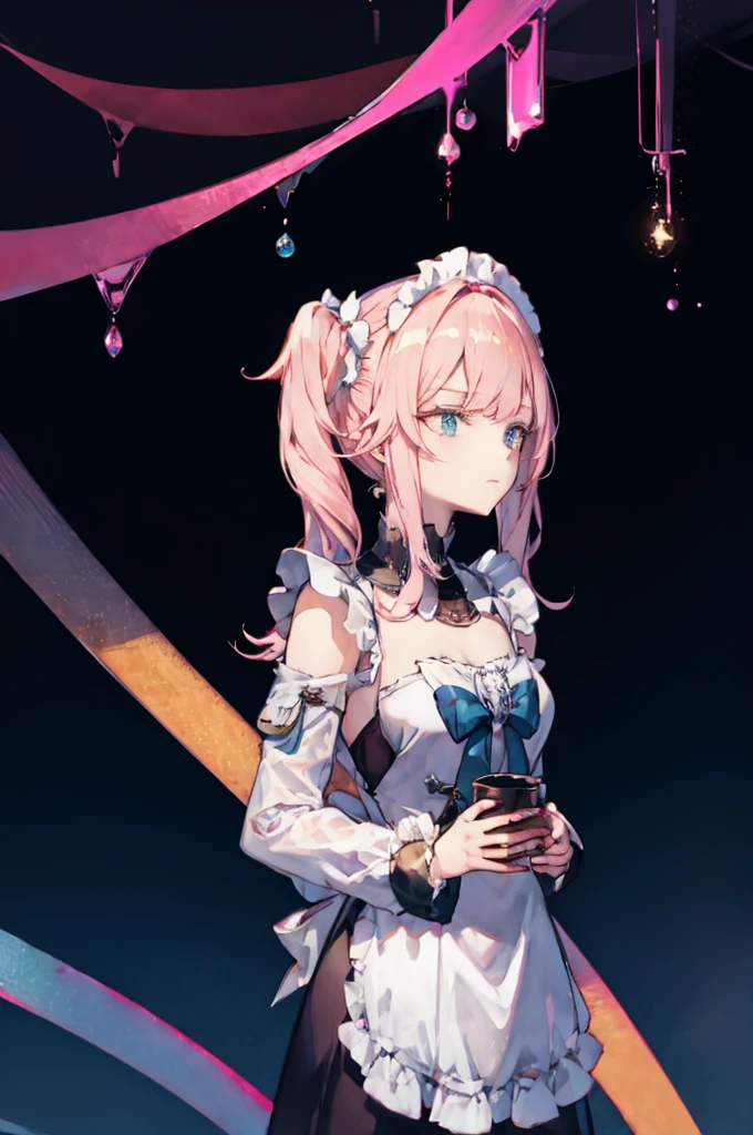 1 girl，rose，Upper body，pink long hair,high twin tail,((White Maid Costume)),blue eyes,Blunt bang,((whole body)),whole body,