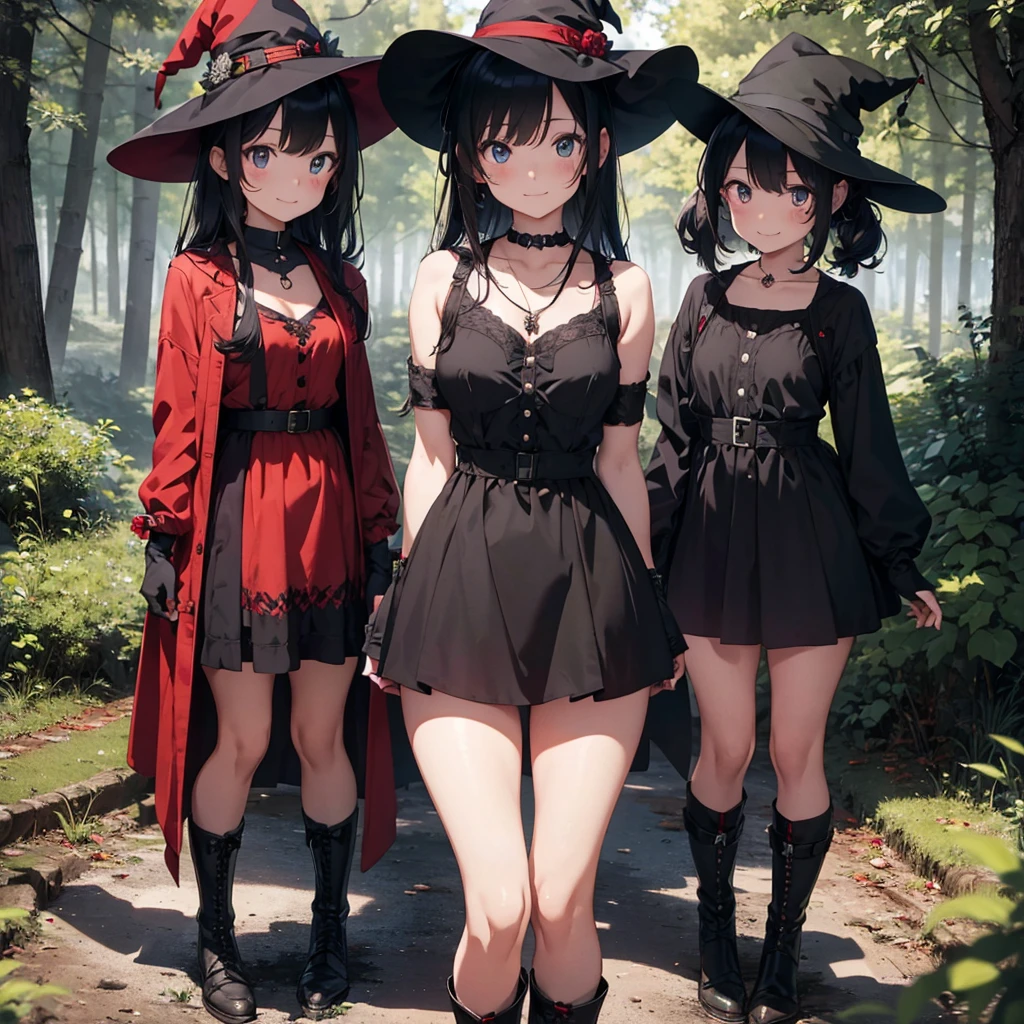 a group of beautiful witch girls in the middle of a forest in the night, tribal tattoo , red and black hair , standing girl young girl, gloves, elbow pads, boots, smiles, witch hat , small breasts, short black dress, necklaces, jewelry decorations , black red hair , red hair , black hair , blonde hair, blue eyes, full body,