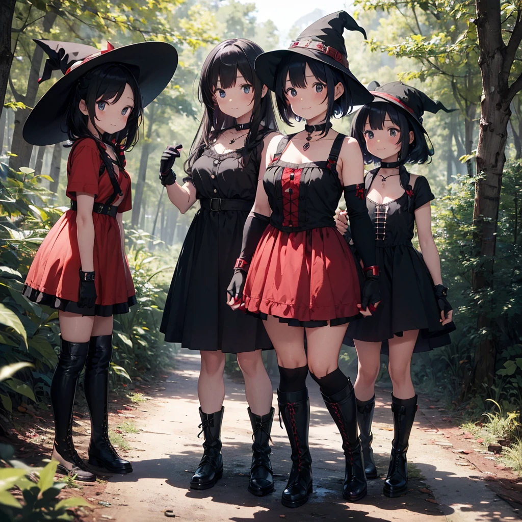 a group of beautiful witch girls in the middle of a forest in the night, tribal tattoo , red and black hair , standing girl young girl, gloves, elbow pads, boots, smiles, witch hat , small breasts, short black dress, necklaces, jewelry decorations , black red hair , red hair , black hair , blonde hair, blue eyes, full body,