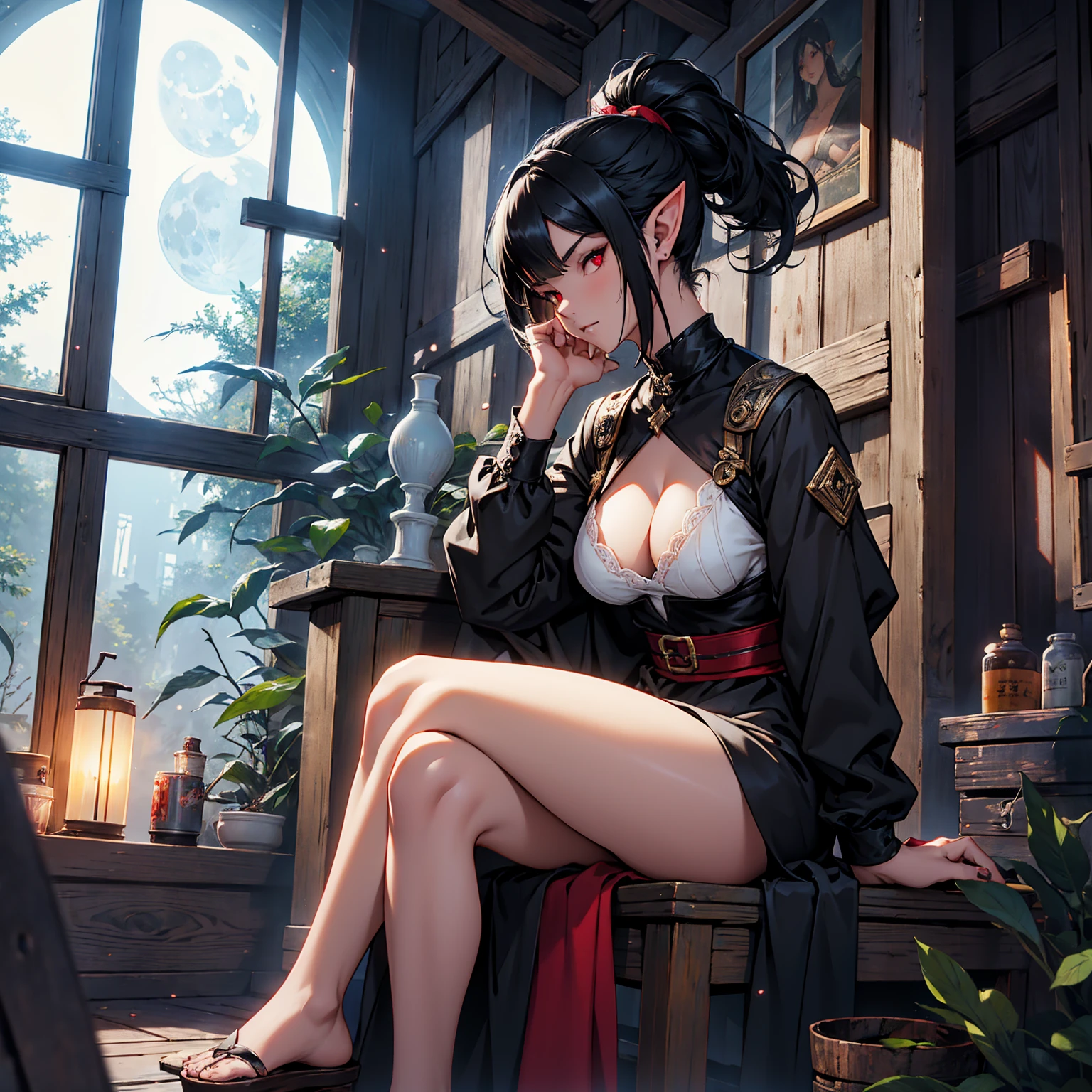 1girl, elf, short ponytail hair, black hair, big breasts, long pointed ears, red eyes (BLUE SKIN) sexy little dress, deep neckline, full body, night, Sitting in an old wooden house, moon in windows, dark forest, very sexy body, detailed clothing, detailed face, highly detailed, 8k, best quality, masterpiece, vibrant colors, digital art, concept art