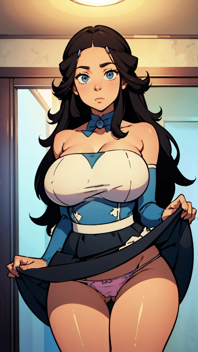 beautiful katara, with big breast, curvy body, thick thigh, thick waist, wearing strapless mini bodycon dress, upskirt, skirt lift, panty visible, wearing panty, looking at viewer, embarrassed, looking straight to the viewer,